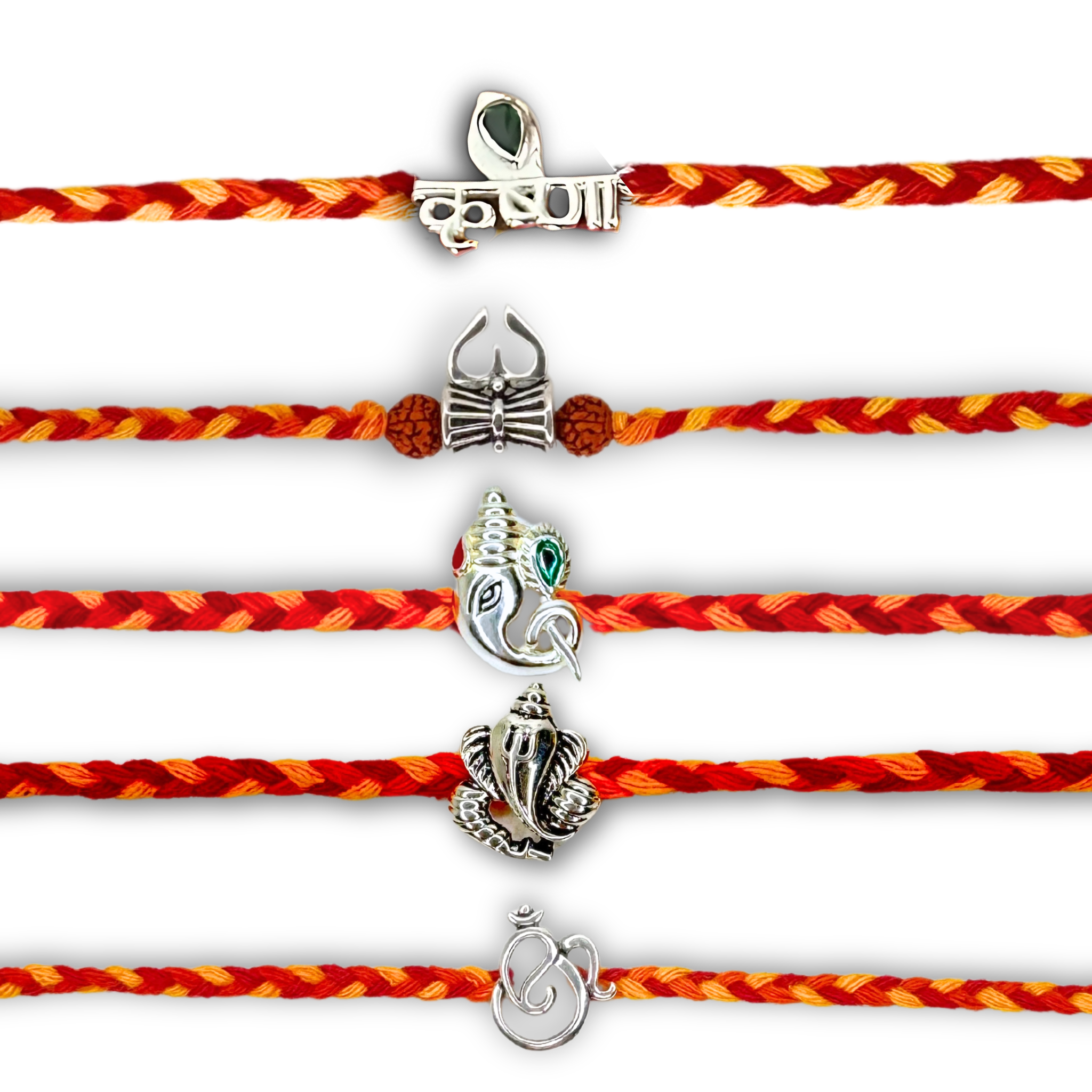 Silver Rakhi Combo for Brothers/Bhai/Bro/Bhaiya - Om, Krishna, Ganesha, Shiv Trishul Silver Rakhi Set of 5