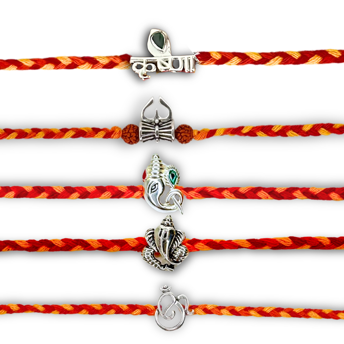 Silver Rakhi Combo for Brothers/Bhai/Bro/Bhaiya - Om, Krishna, Ganesha, Shiv Trishul Silver Rakhi Set of 5