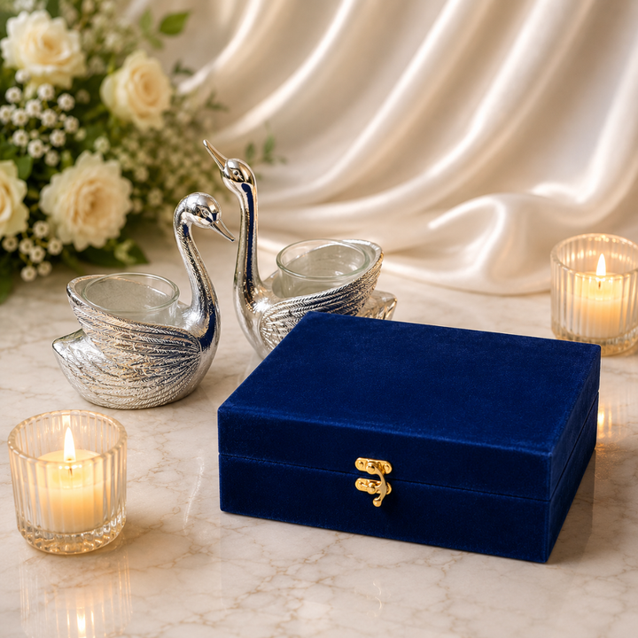 Silver-Plated Couple Swan Candle Holder Hamper with Velvet Gift Box