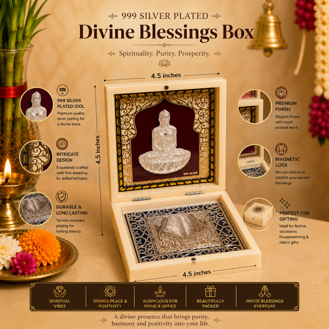 999 Silver Plated Mahavir Swami Idol with Charan Paduka in Gift Box, 4.5 Inch