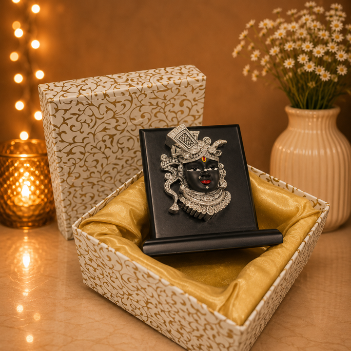 999 Silver Plated Shreenath Ji Idol with MDF Base in Gift Box (4 x 4 Inches)