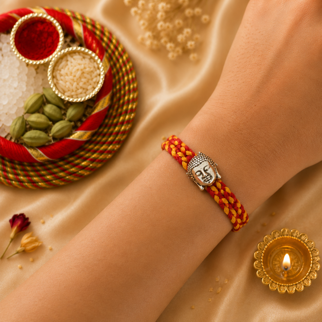 Buddha Silver Rakhi for Brother with Roli Chawal and Greeting Card For Brother