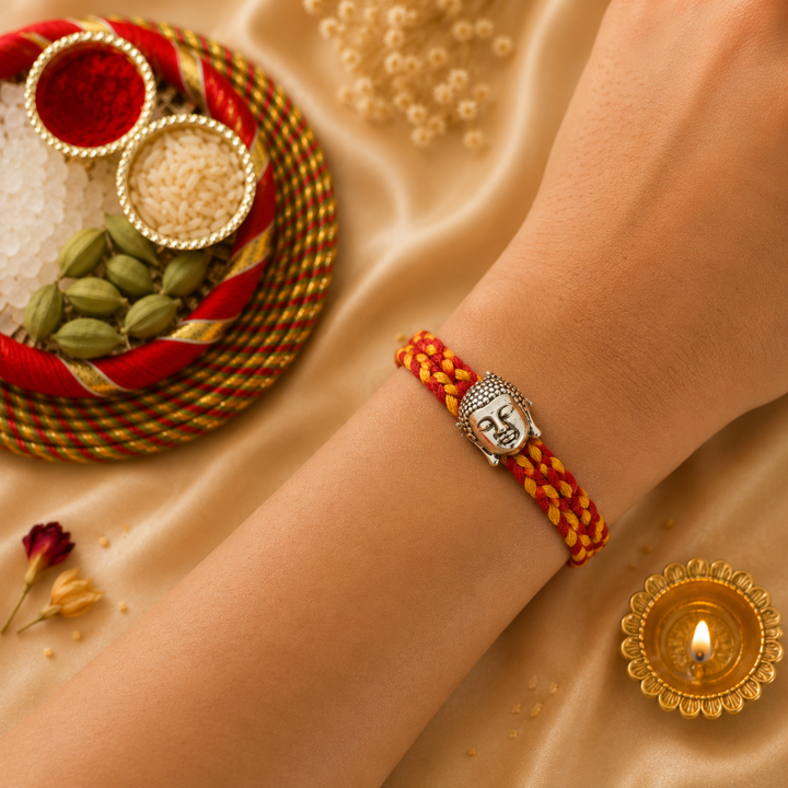 Buddha Silver Rakhi for Brother with Roli Chawal and Greeting Card For Brother