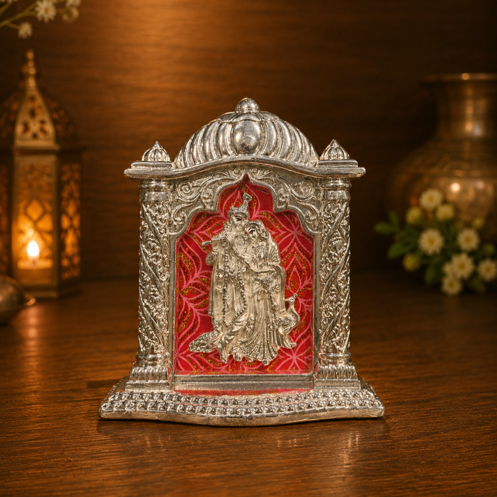 Silver Plated Radhe Krishna Photo Frame Style Idol for Car Dashboard | Decorative Spiritual Showpiece for Home, Office & Diwali Gift | Pure Silver Plating, Base 4 Inches, Height 5 Inches