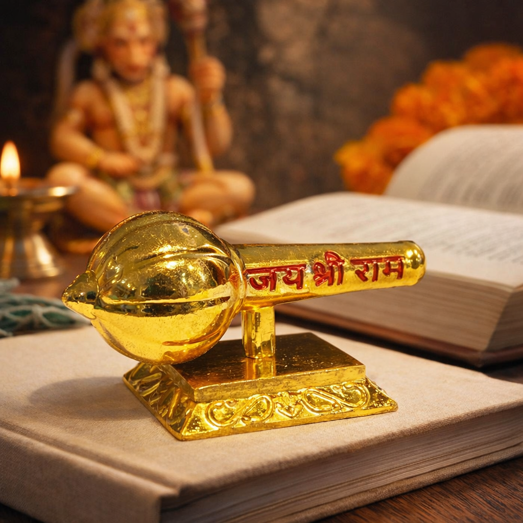 Lord Hanuman Ji Metal Gada with Jai Shree Ram Engraving Idol - Gold  (Size 8 × 3  × 3.5 cm)