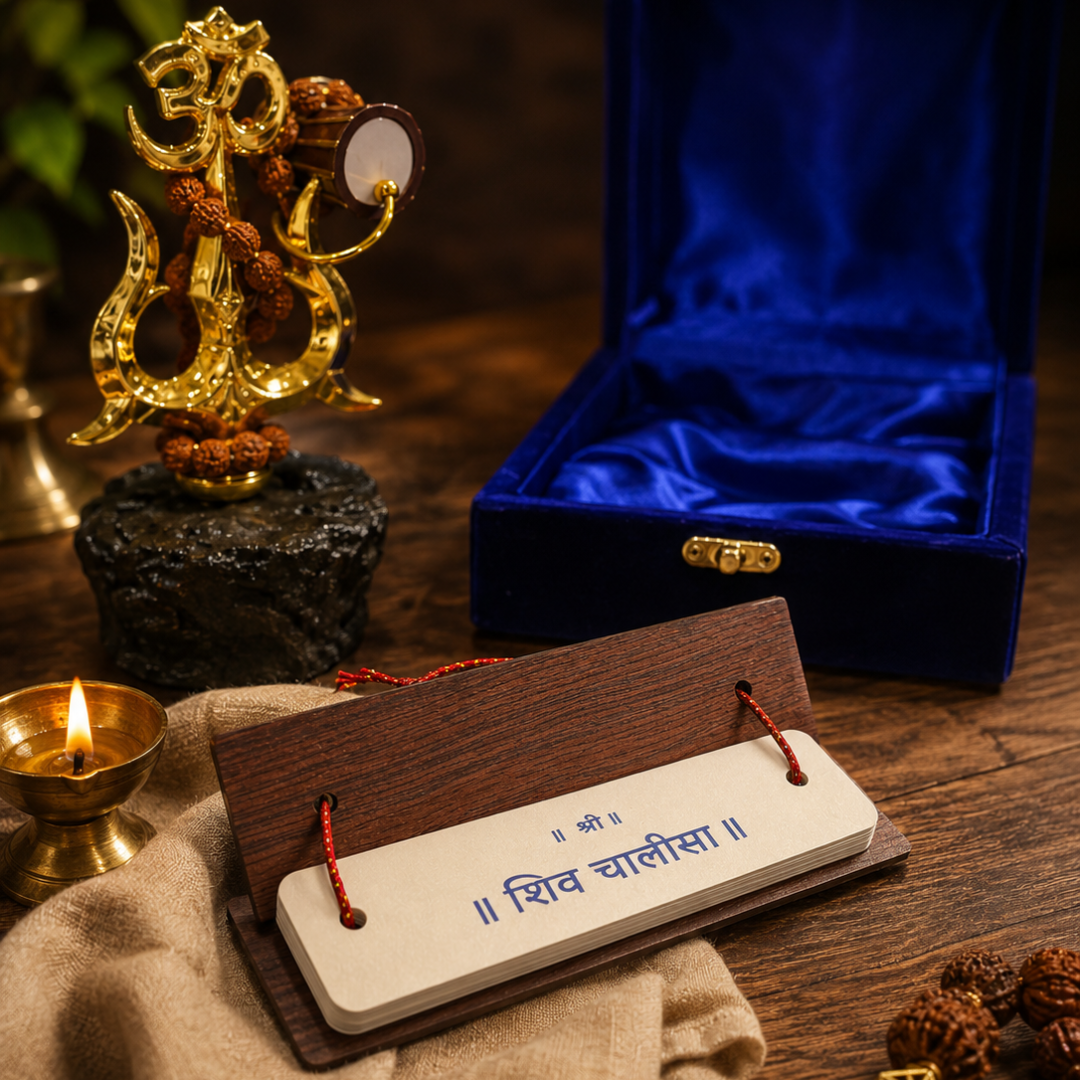 Luxury Shiv Chalisa Gift Hamper with Shiva Trishul Idol & Wooden Shiv Chalisa in Premium Velvet Box