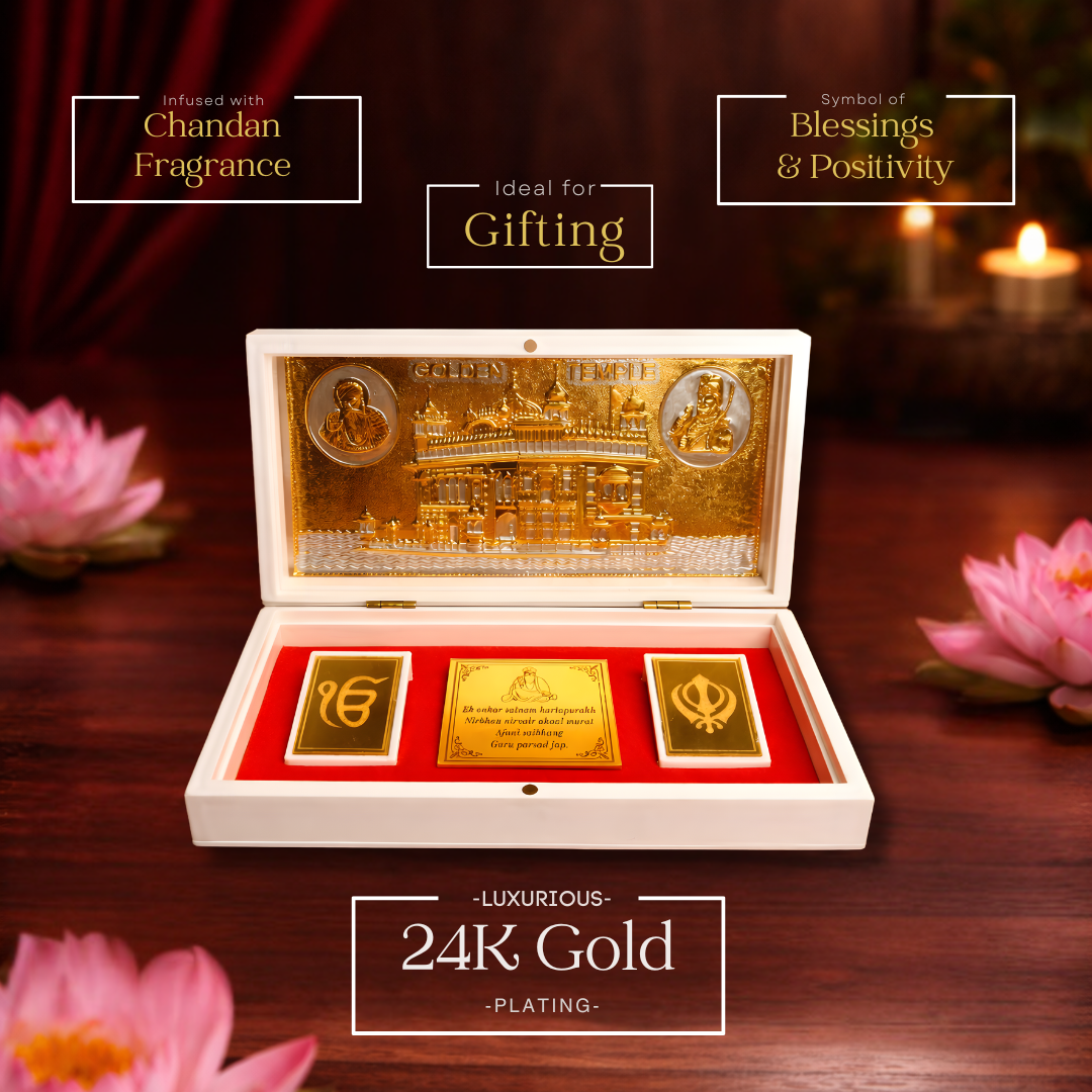 Gold Plated Ek Omkar Satnam Waheguru Golden Temple Figurine Spiritual Sikhism Gift with Chandan Fragrance, Khanda Sahib