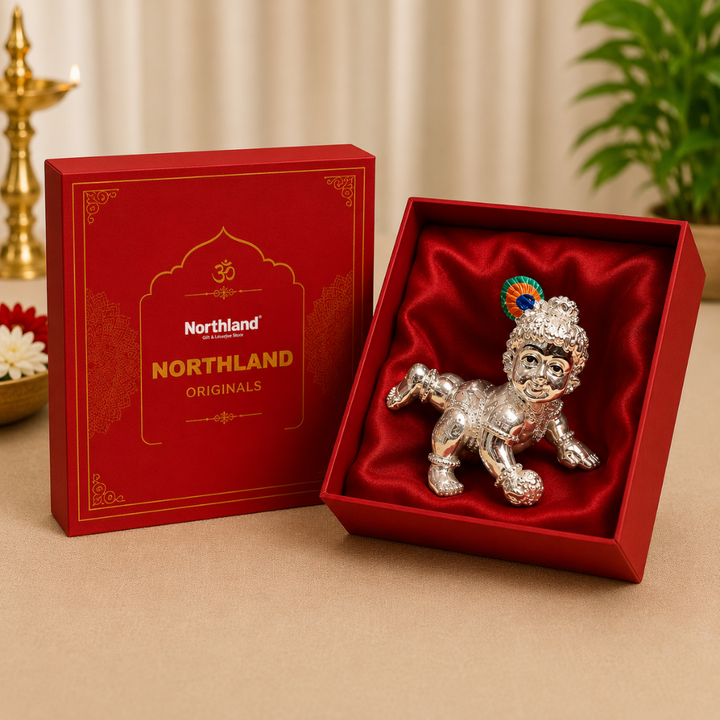 999 Silver Plated Laddoo Gopal Baby Krishna Idol with Premium Gift Box