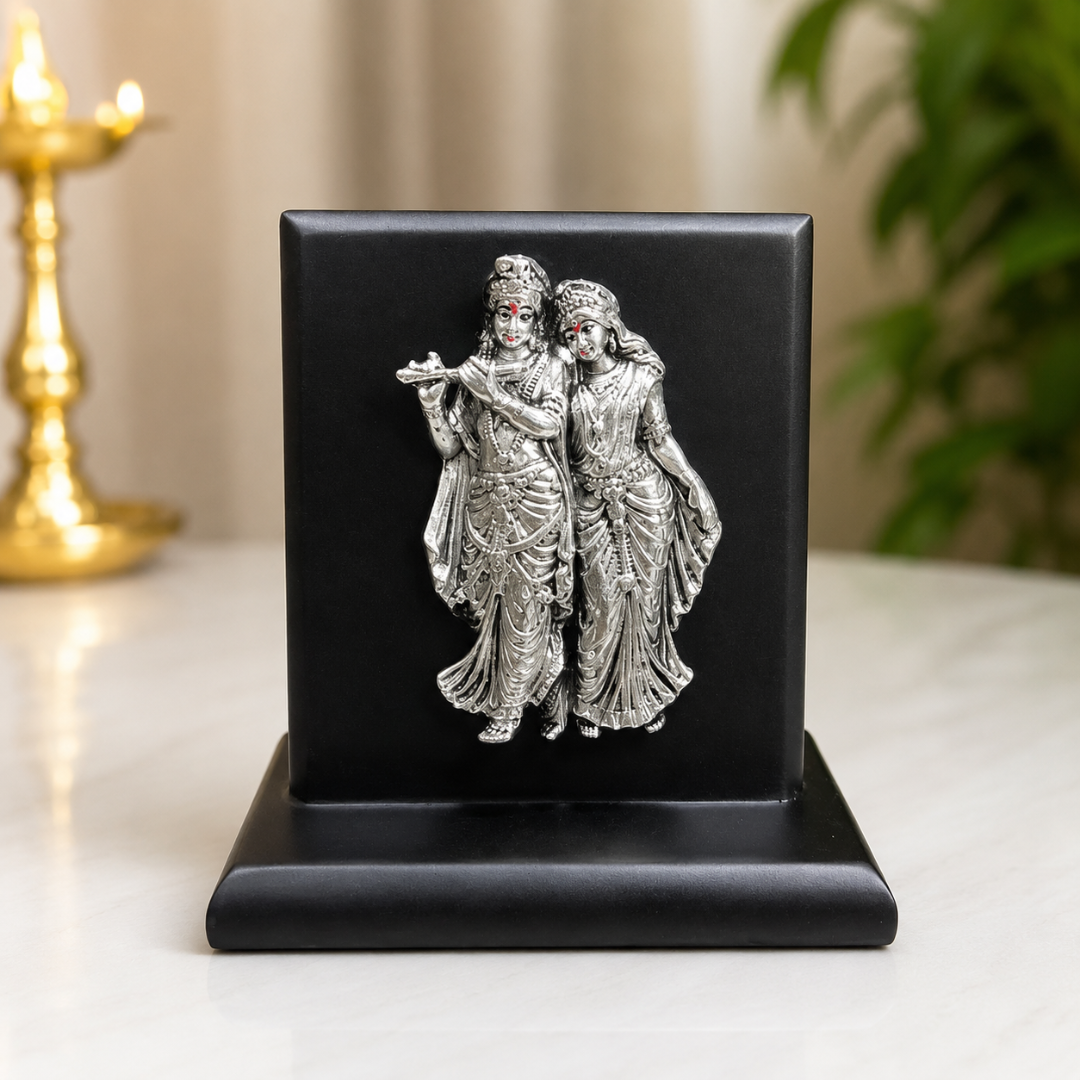 999 Silver Plated Radha Krishna Ji Idol with MDF Base in Premium Gift Box (10 cm)