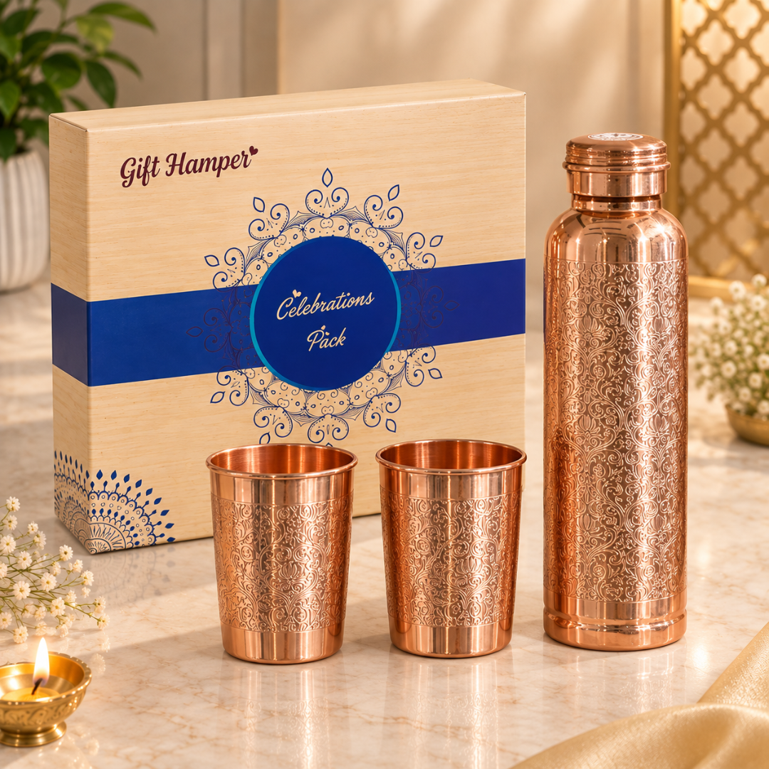Traditional Floral Engraved Artwork Pure Copper Water Bottle with 2 Glasses