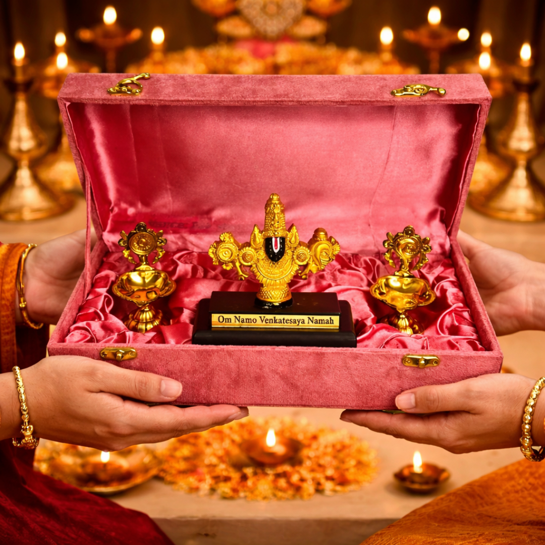 Luxury Venkateshwara Balaji Gift Hamper in Velvet Box with Metal Diya Holder & Balaji Idol