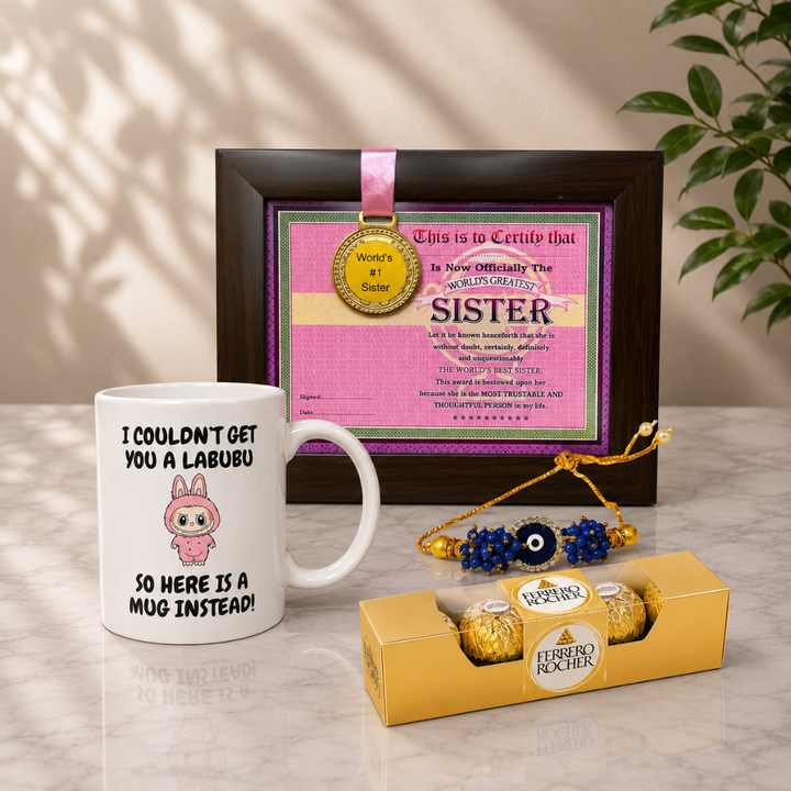 Rakhi Gift Combo with Best Sister Medal Frame, Coffee Mug, Lumba & Chocolate -  Perfect Rakshabandhan Gift for Sister/Bhabhi/Behan