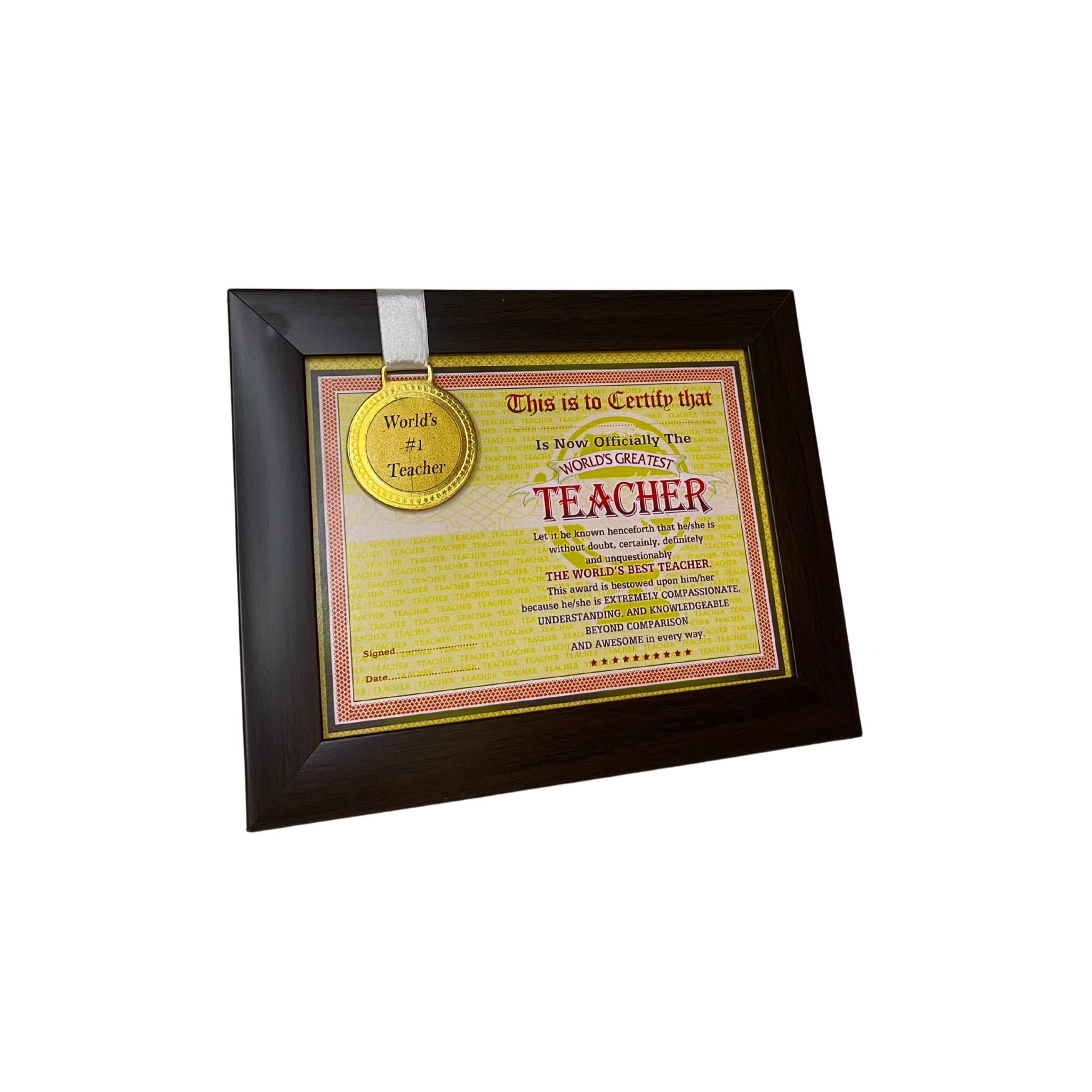 World's Best Teacher Framed Certificate with Gold Medal for Teacher - Gift for Teacher