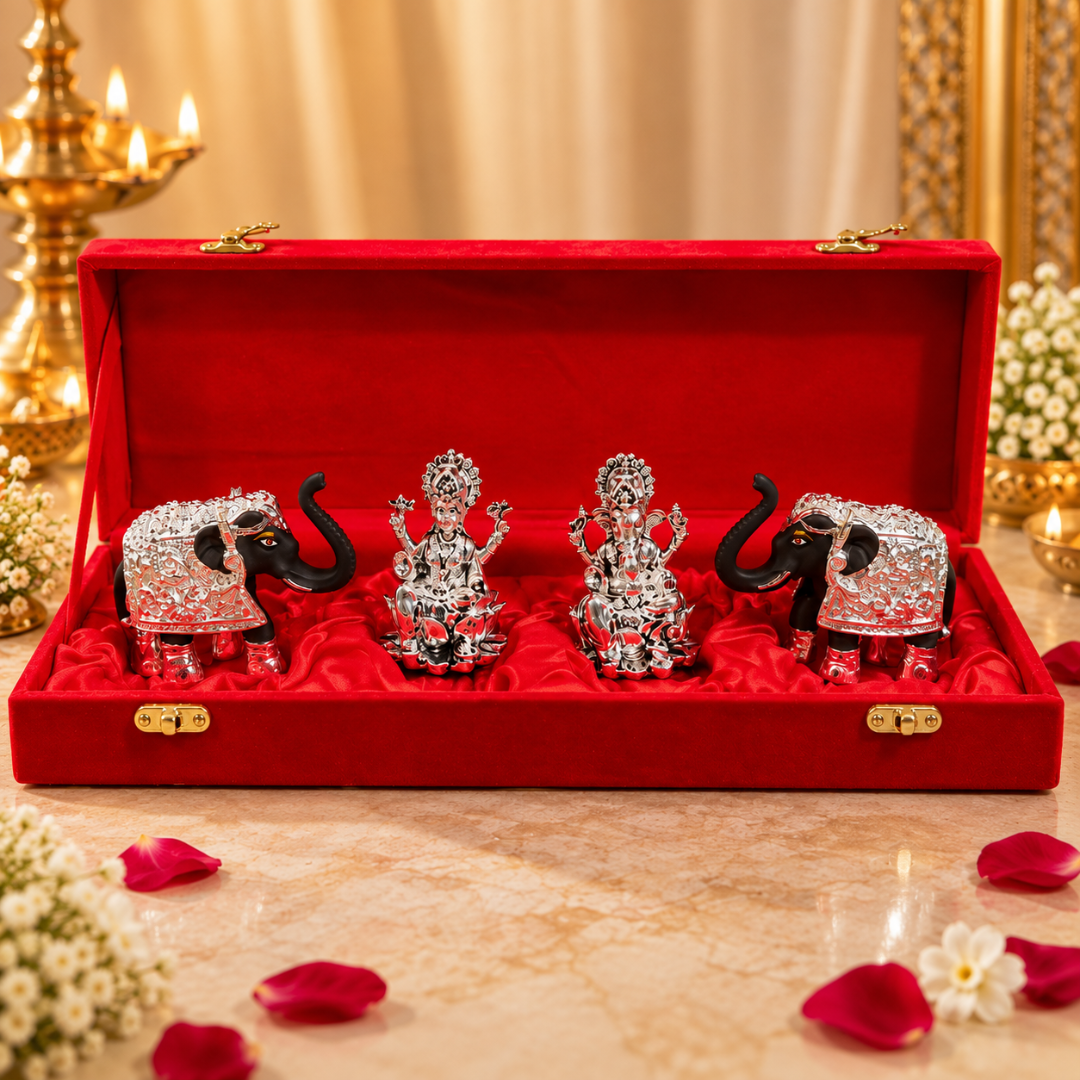 999 Silver Plated Lakshmi Ganesha Hamper with Elephant Idols (3 Inches) in Premium Velvet Gift Box