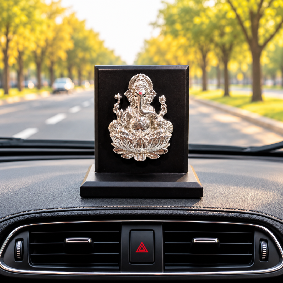 999 Silver Plated Ganesha Ji Idol with MDF Base in Gift Box (4 x 4 Inch)