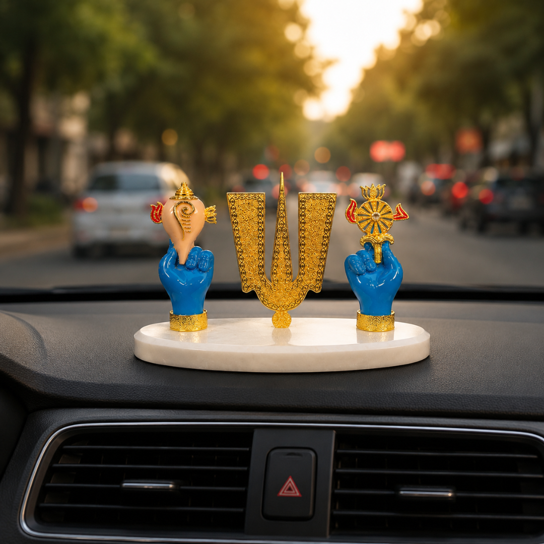 Tirupati Balaji Tilak with Hands of Shankha & Chakra on Stable Stone Base- Perfect for car Dashboard, Festival gifting, Diwali (Blue, Resin, Base- 7 inches, Height- 4 inches )