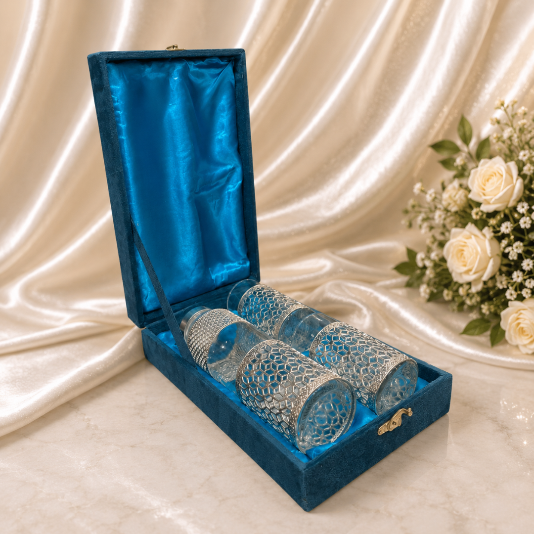 Silver Plated Glass Bottle & Tumbler Glass Gift Set with Velvet Gift Box