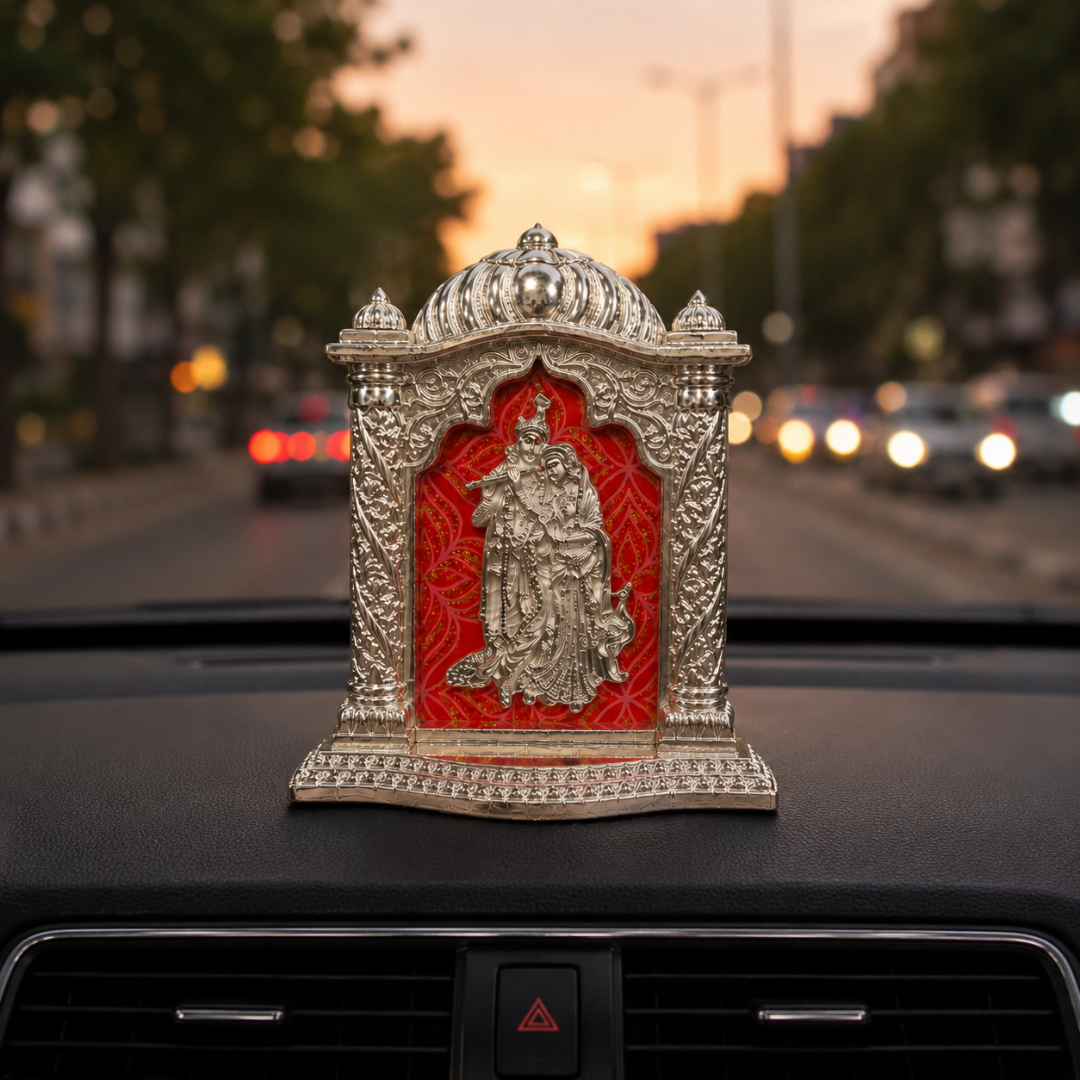 Silver Plated Radhe Krishna Photo Frame Style Idol for Car Dashboard | Decorative Spiritual Showpiece for Home, Office & Diwali Gift | Pure Silver Plating, Base 4 Inches, Height 5 Inches