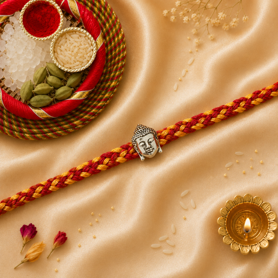 Buddha Silver Rakhi for Brother with Roli Chawal and Greeting Card For Brother