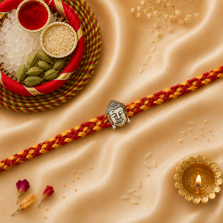 Buddha Silver Rakhi for Brother with Roli Chawal and Greeting Card For Brother