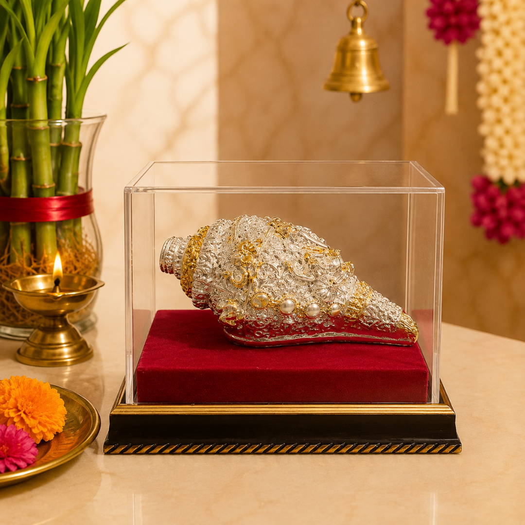 999 Silver Plated & 24K Gold Finish Ganesha Shankh in Acrylic Gift Box, 6 Inch