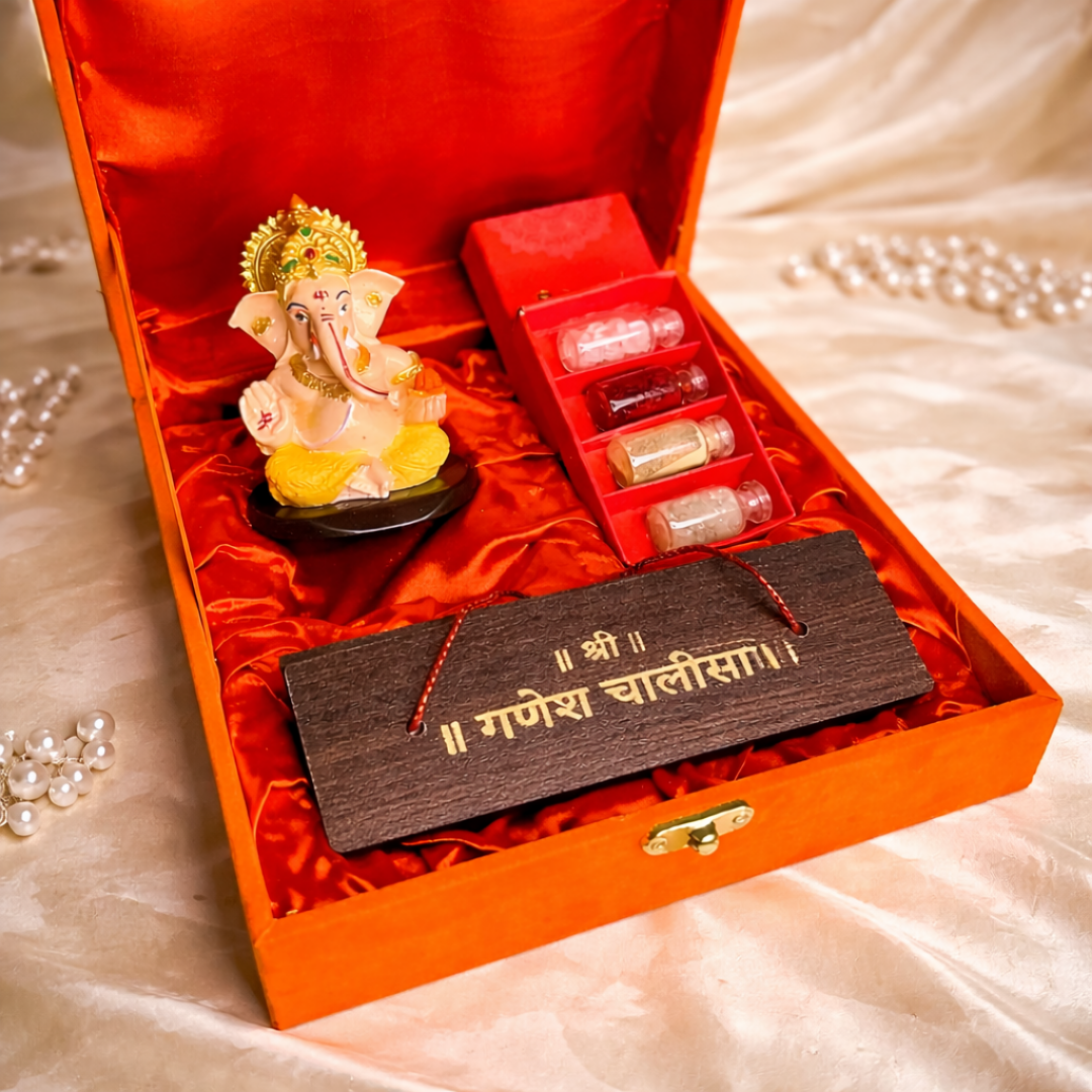 Luxury Ganesha Chalisa Gift Hamper in Velvet Box with Wooden Ganesha Idol, Pooja Samagri & Chalisa