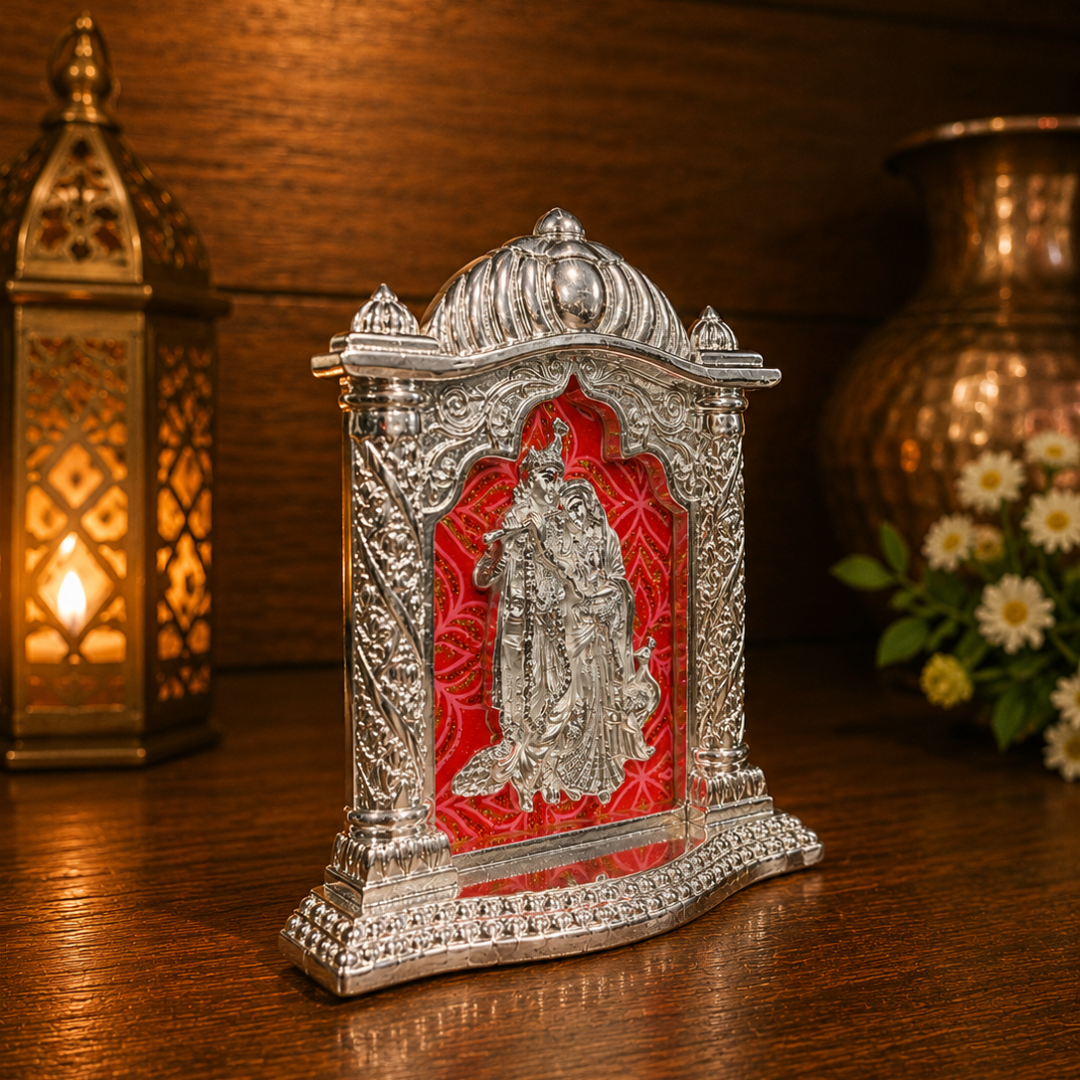 Silver Plated Radhe Krishna Photo Frame Style Idol for Car Dashboard | Decorative Spiritual Showpiece for Home, Office & Diwali Gift | Pure Silver Plating, Base 4 Inches, Height 5 Inches