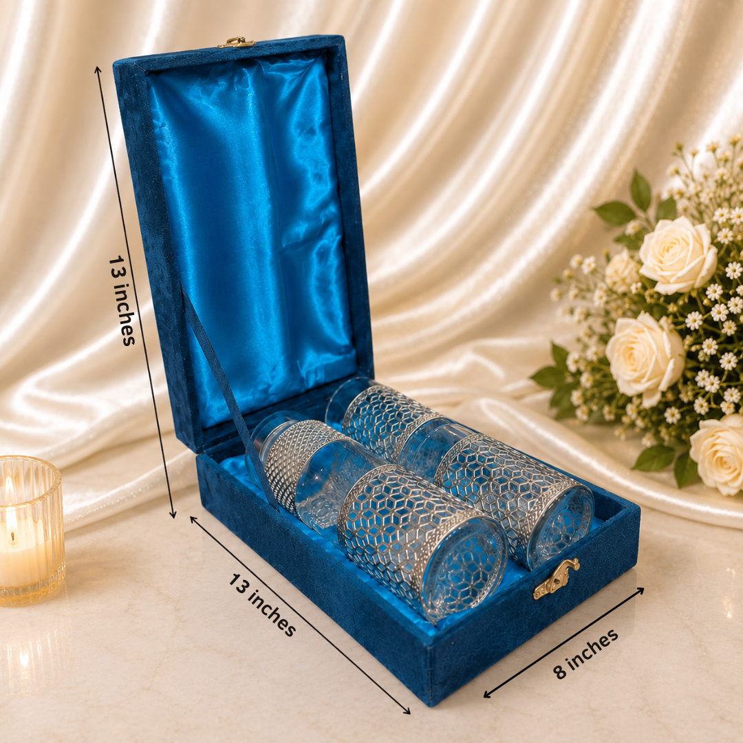 Silver Plated Glass Bottle & Tumbler Glass Gift Set with Velvet Gift Box