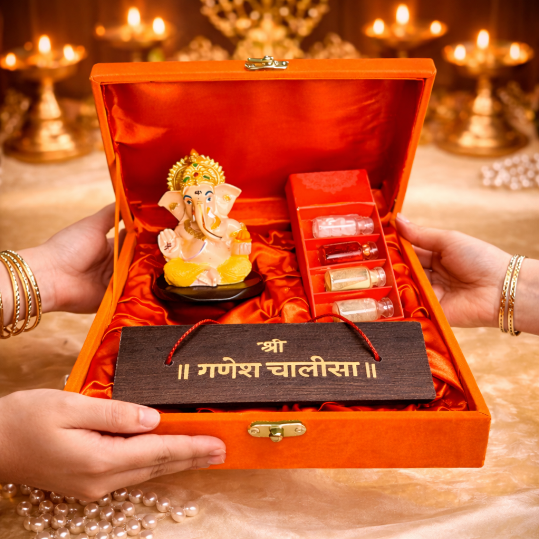 Luxury Ganesha Chalisa Gift Hamper in Velvet Box with Wooden Ganesha Idol, Pooja Samagri & Chalisa