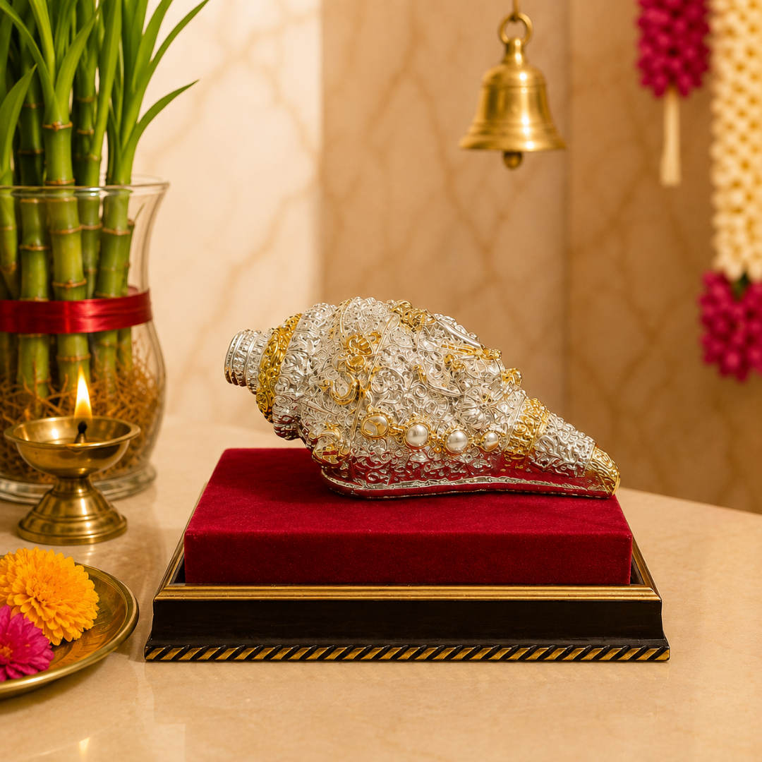 999 Silver Plated & 24K Gold Finish Ganesha Shankh in Acrylic Gift Box, 6 Inch