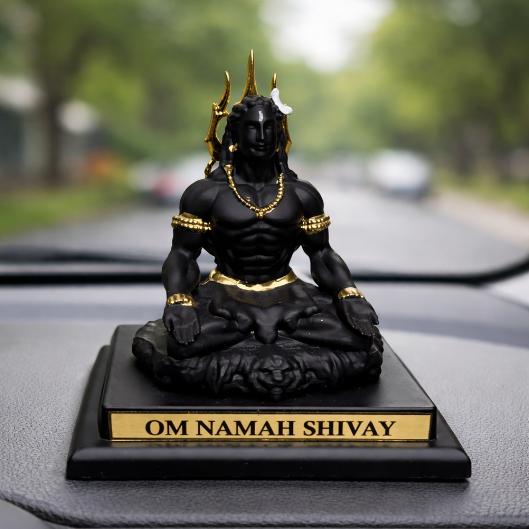 Shiva Idol for Car Dashboard (9 cm) – Black & Gold Resin Mahadev Murti  (Size 9 × 6.5 × 4 cm)