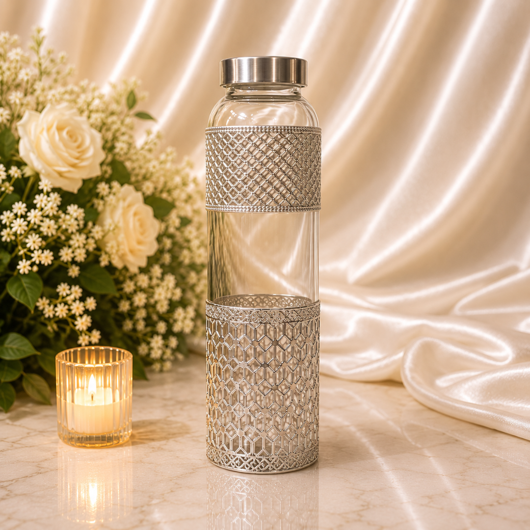 Silver Plated Glass Bottle & Tumbler Glass Gift Set with Velvet Gift Box
