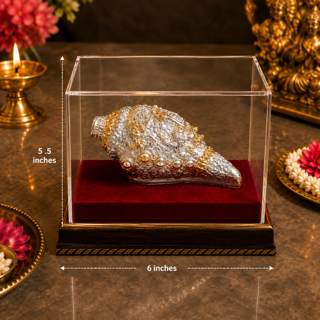 999 Silver Plated & 24K Gold Finish Ganesha Shankh in Acrylic Gift Box, 6 Inch