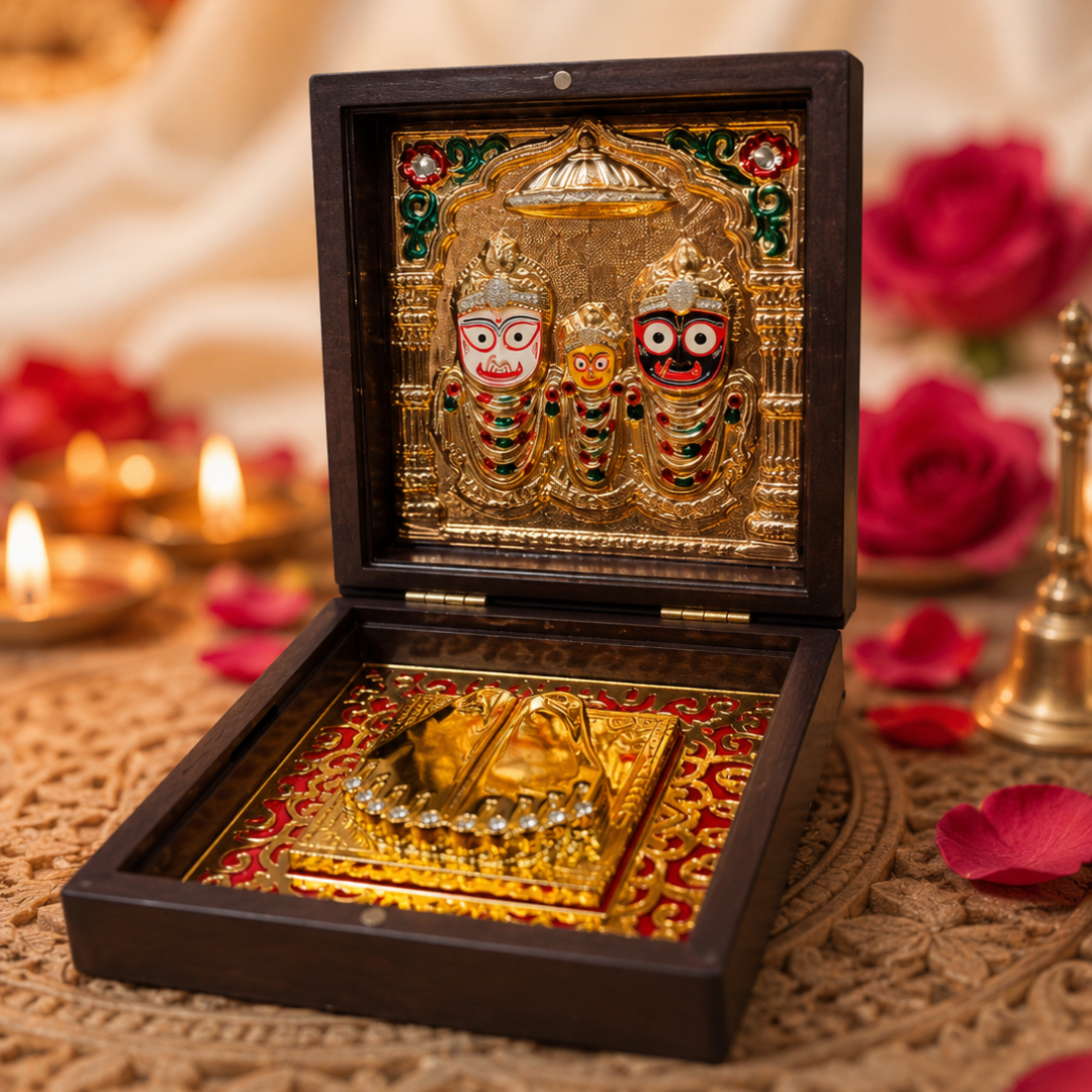 24KT Gold Plated Lord Jagannath, Balabhadra & Subhadra Idol with Charan Paduka