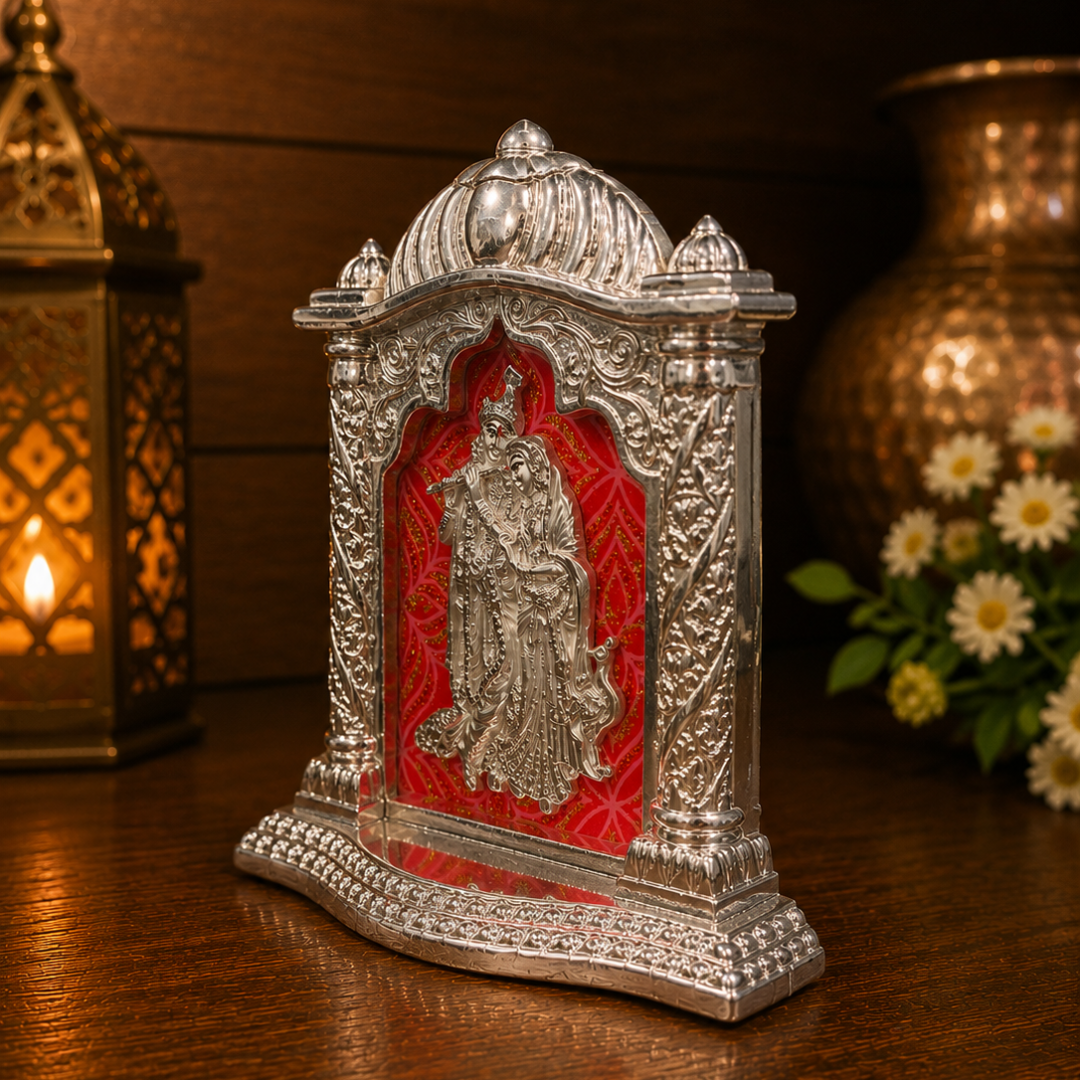 Silver Plated Radhe Krishna Photo Frame Style Idol for Car Dashboard | Decorative Spiritual Showpiece for Home, Office & Diwali Gift | Pure Silver Plating, Base 4 Inches, Height 5 Inches