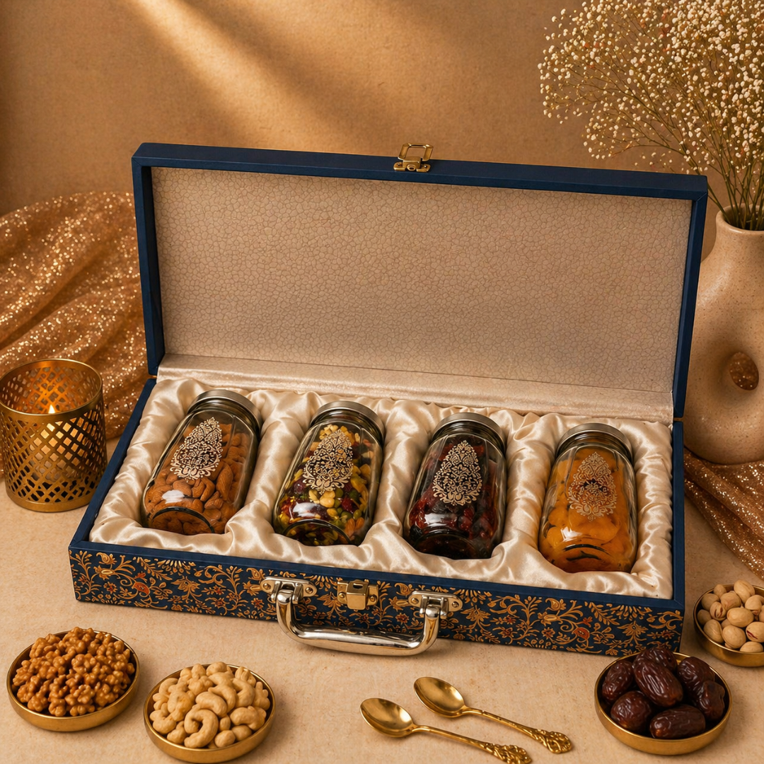 Dry Fruits Corporate Gift Hamper with 4 Jars - Roasted Almonds, Breakfast Mix, Pineapple Coins & Mixed Berries