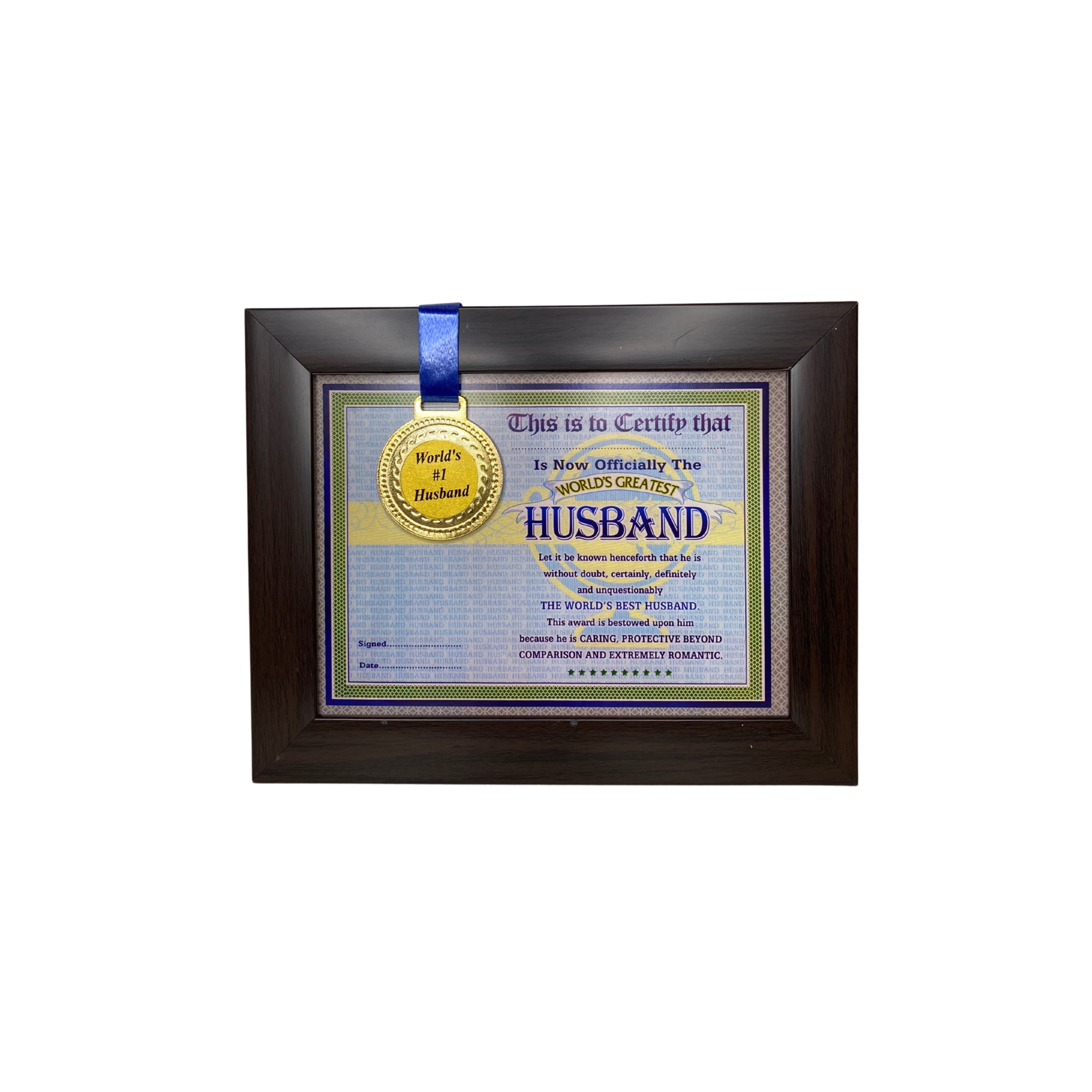 The World's Best Husband Framed Certificate with World's #1 Husband Gold Medal- Unique Gifts for Husband