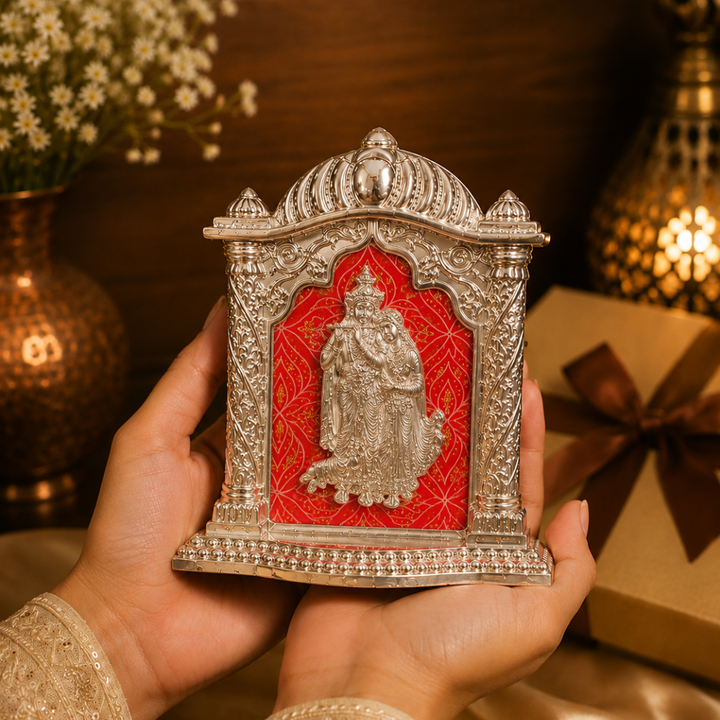 Silver Plated Radhe Krishna Photo Frame Style Idol for Car Dashboard | Decorative Spiritual Showpiece for Home, Office & Diwali Gift | Pure Silver Plating, Base 4 Inches, Height 5 Inches