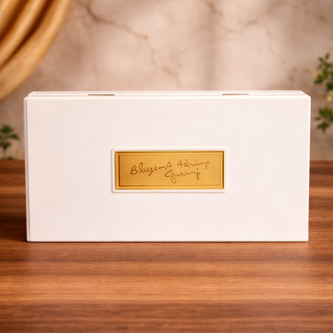 24 Karat Gold Plated Jai Guru Ji Swaroop Shukrana Guru Ji Photo in White Charan Paduka Box with Chandan Fragrance