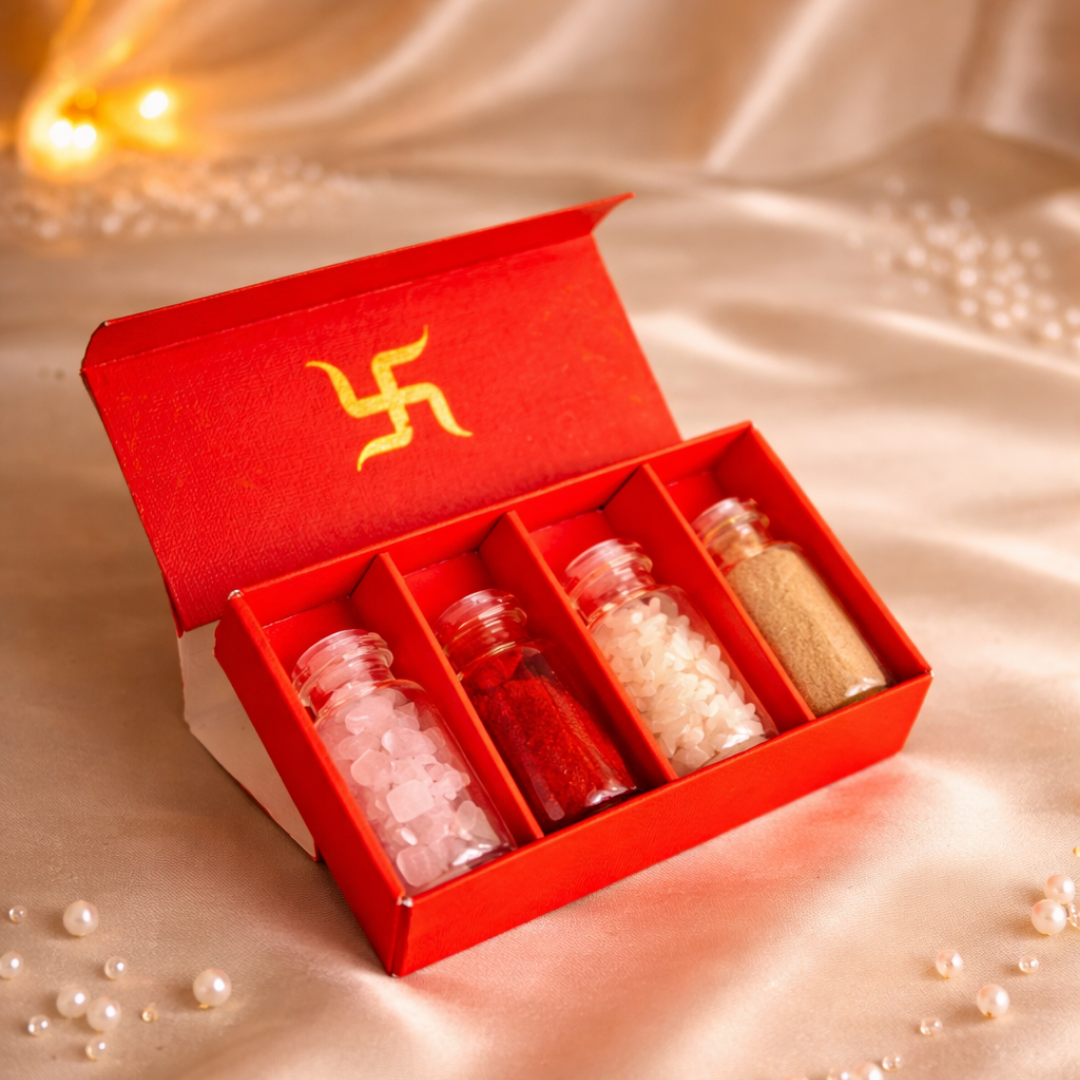 Luxury Ganesha Chalisa Gift Hamper in Velvet Box with Wooden Ganesha Idol, Pooja Samagri & Chalisa