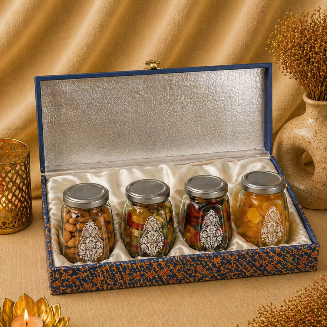 Dry Fruits Corporate Gift Hamper with 4 Jars - Roasted Almonds, Breakfast Mix, Pineapple Coins & Mixed Berries