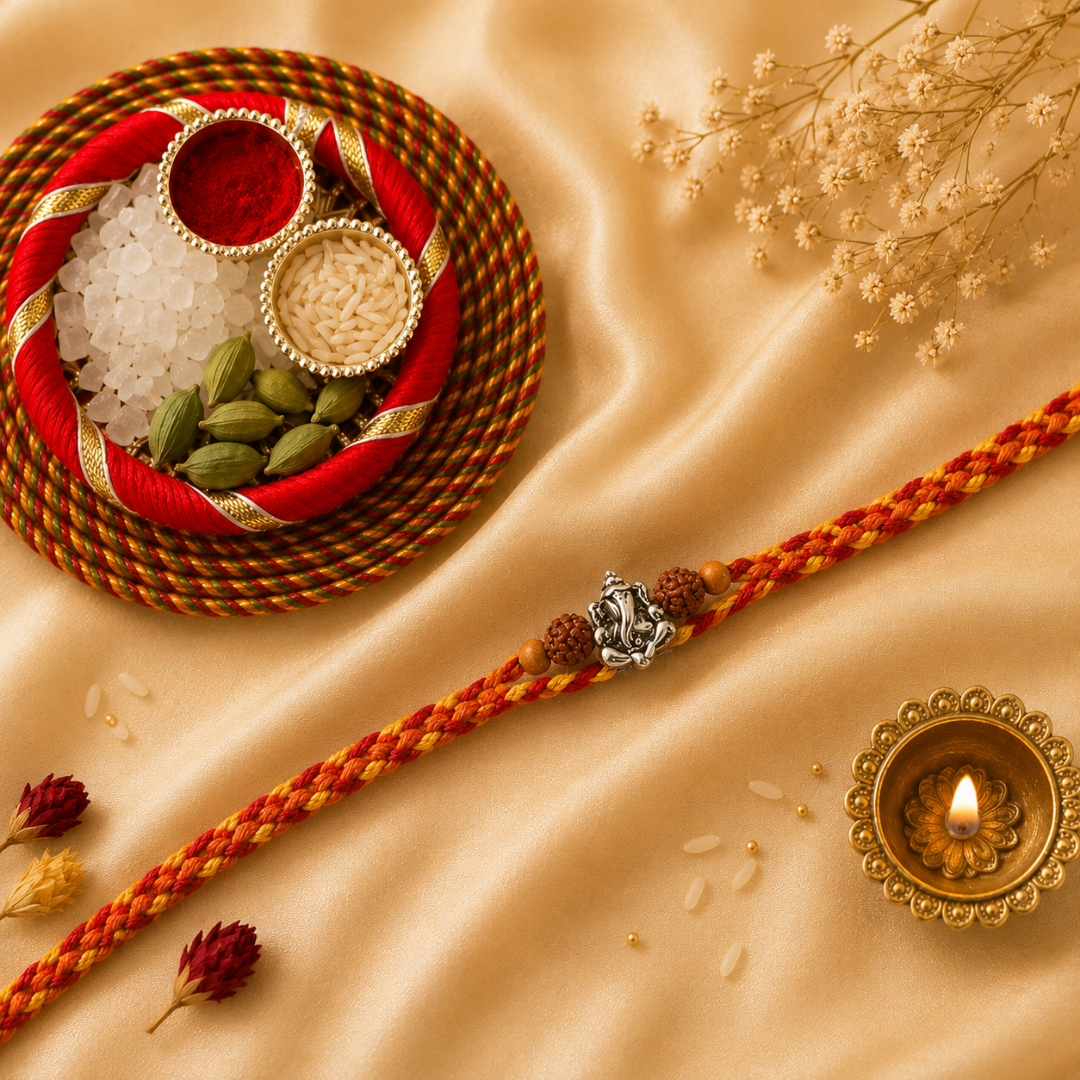 Ganesha Rudraksh Silver Rakhi for Brother with Roli Chawal and Greeting Card For Brother