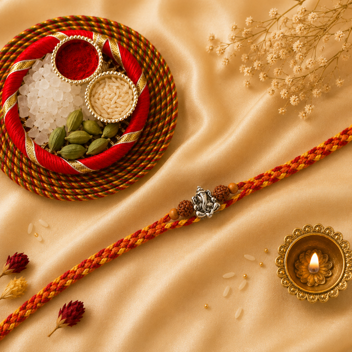 Ganesha Rudraksh Silver Rakhi for Brother with Roli Chawal and Greeting Card For Brother