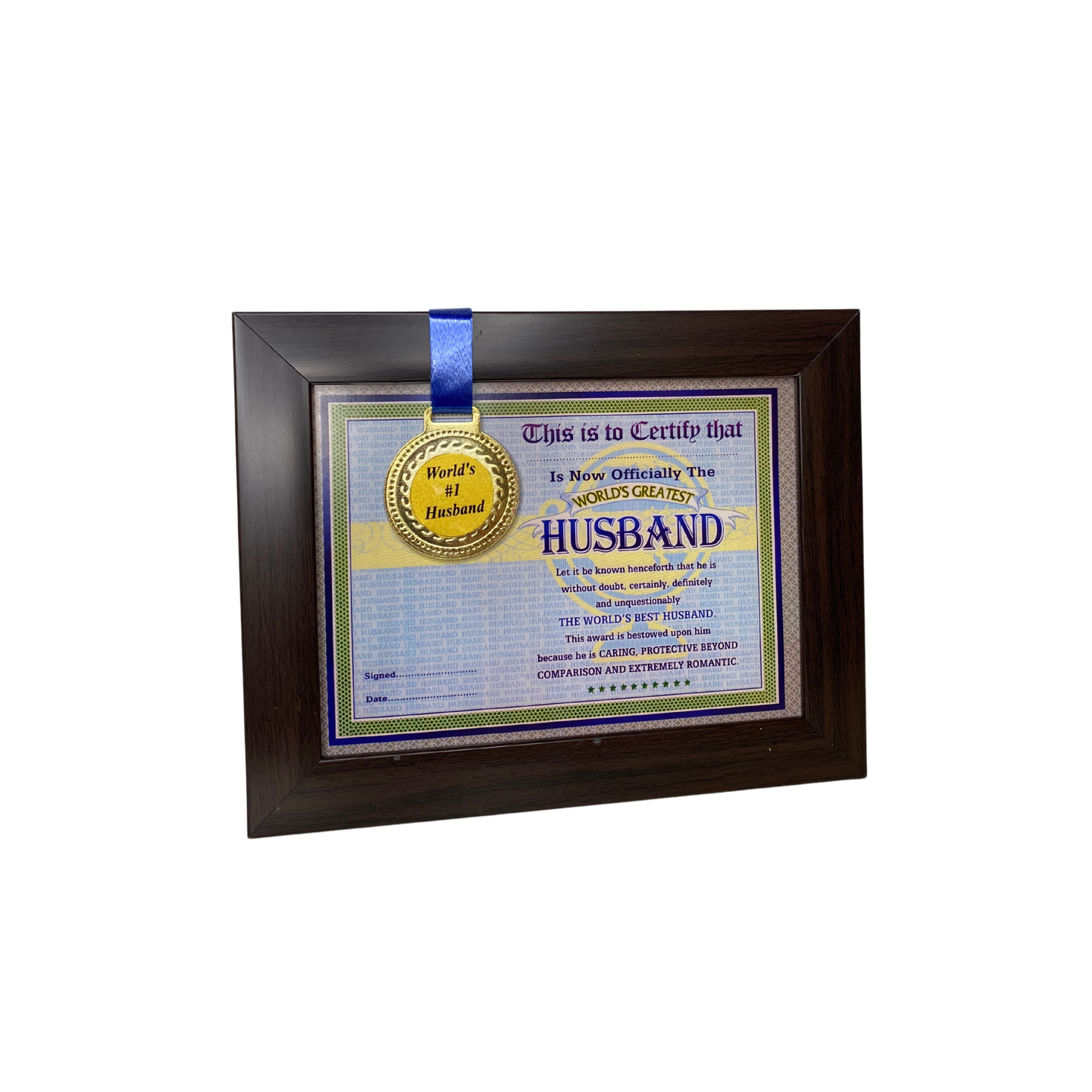 The World's Best Husband Framed Certificate with World's #1 Husband Gold Medal- Unique Gifts for Husband