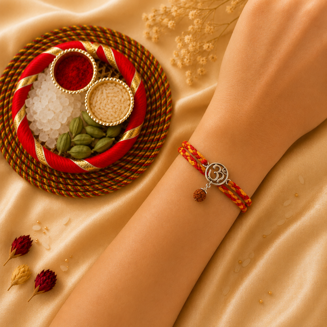 Om Rudraksh Silver Rakhi for Brother with Roli Chawal and Greeting Card For Brother Bro Bhaiya Bhai Rakhi Gift Combo