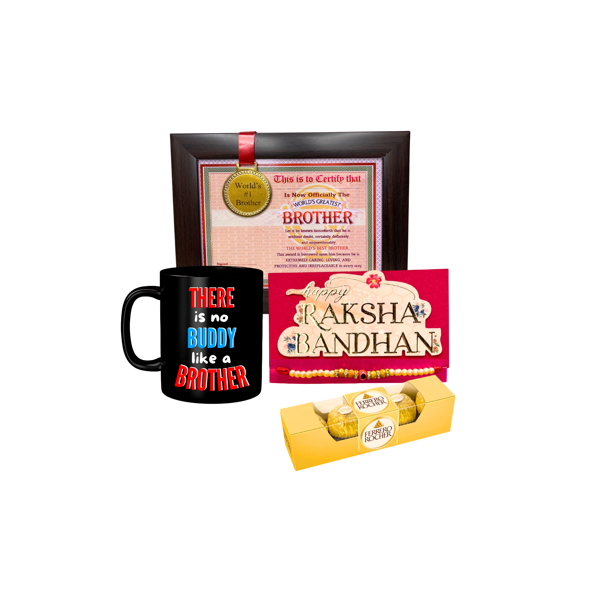 Rakhi Gift Combo with Coffee Mug, Best Brother Medal Frame, Rakhi & Chocolate