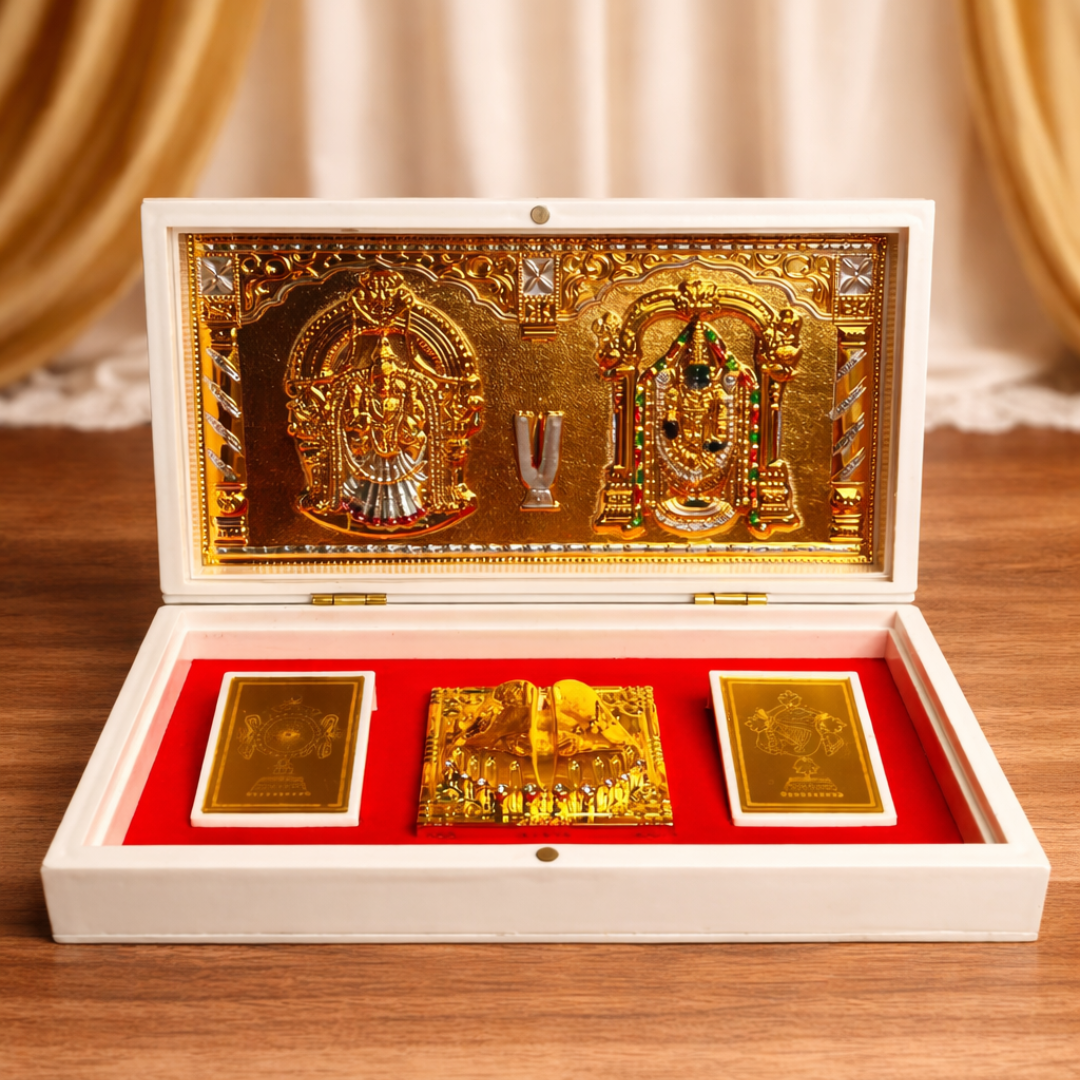 24 Karat Gold Plated Lord Balaji Lakshmi Padmavathi Photo Frame in Charan Paduka Temple Box with with Chandan Fragrance