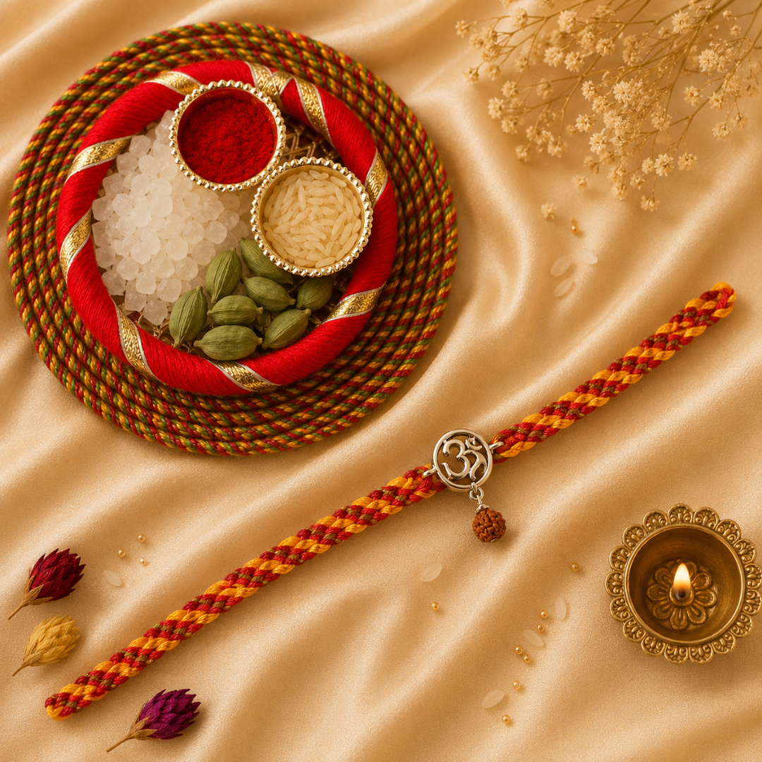 Om Rudraksh Silver Rakhi for Brother with Roli Chawal and Greeting Card For Brother Bro Bhaiya Bhai Rakhi Gift Combo