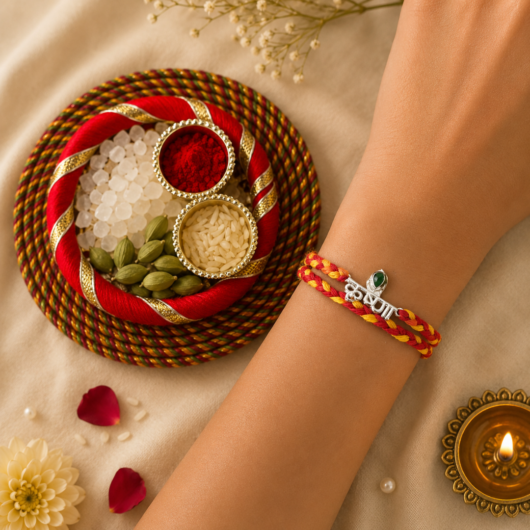 Krishna Silver Rakhi for Brother with Roli Chawal and Greeting Card For Brother Bro Bhaiya Bhai Rakhi Gift Combo