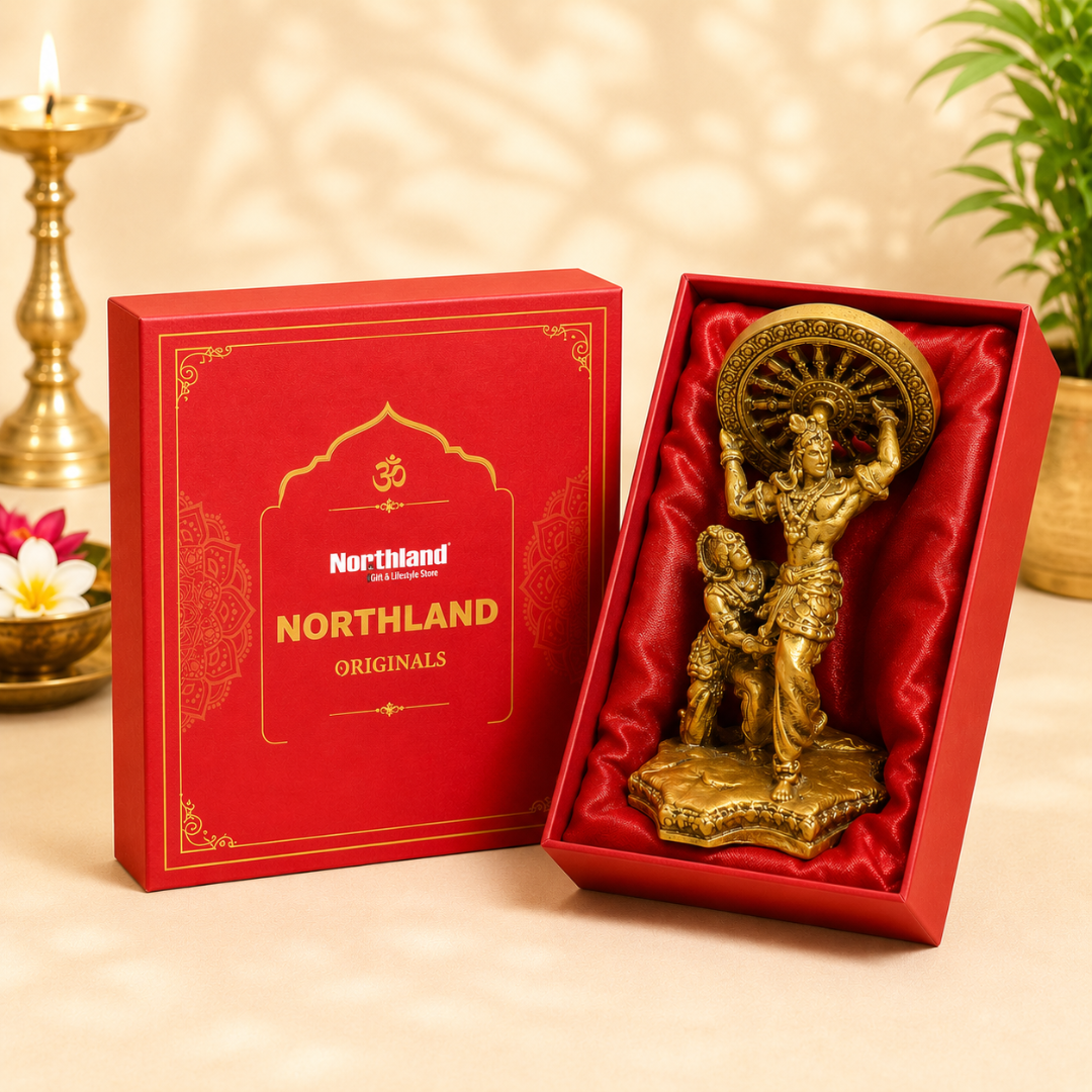 Krishna's Divine Fury Mahabharat God Idol in Premium Gift Box (2.5 x 4 Inches, Gold, Resin)